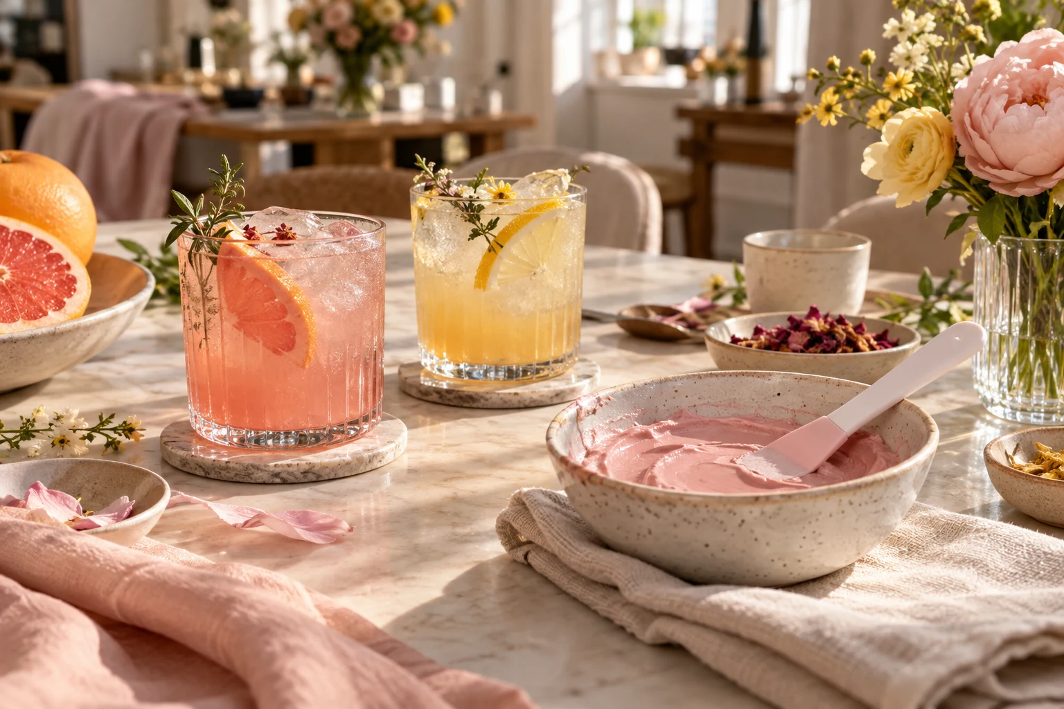 Bildidee: Mocktails und eine rosafarbene Modeling-Maske im Tageslicht