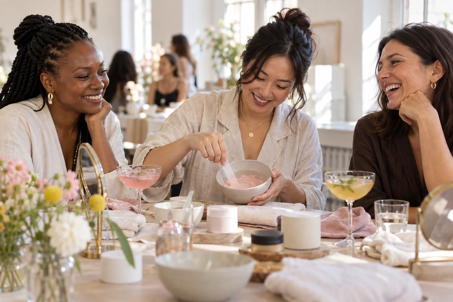 Bildidee: Frauen entdecken gemeinsam Beauty-Texturen an einem hellen Tisch